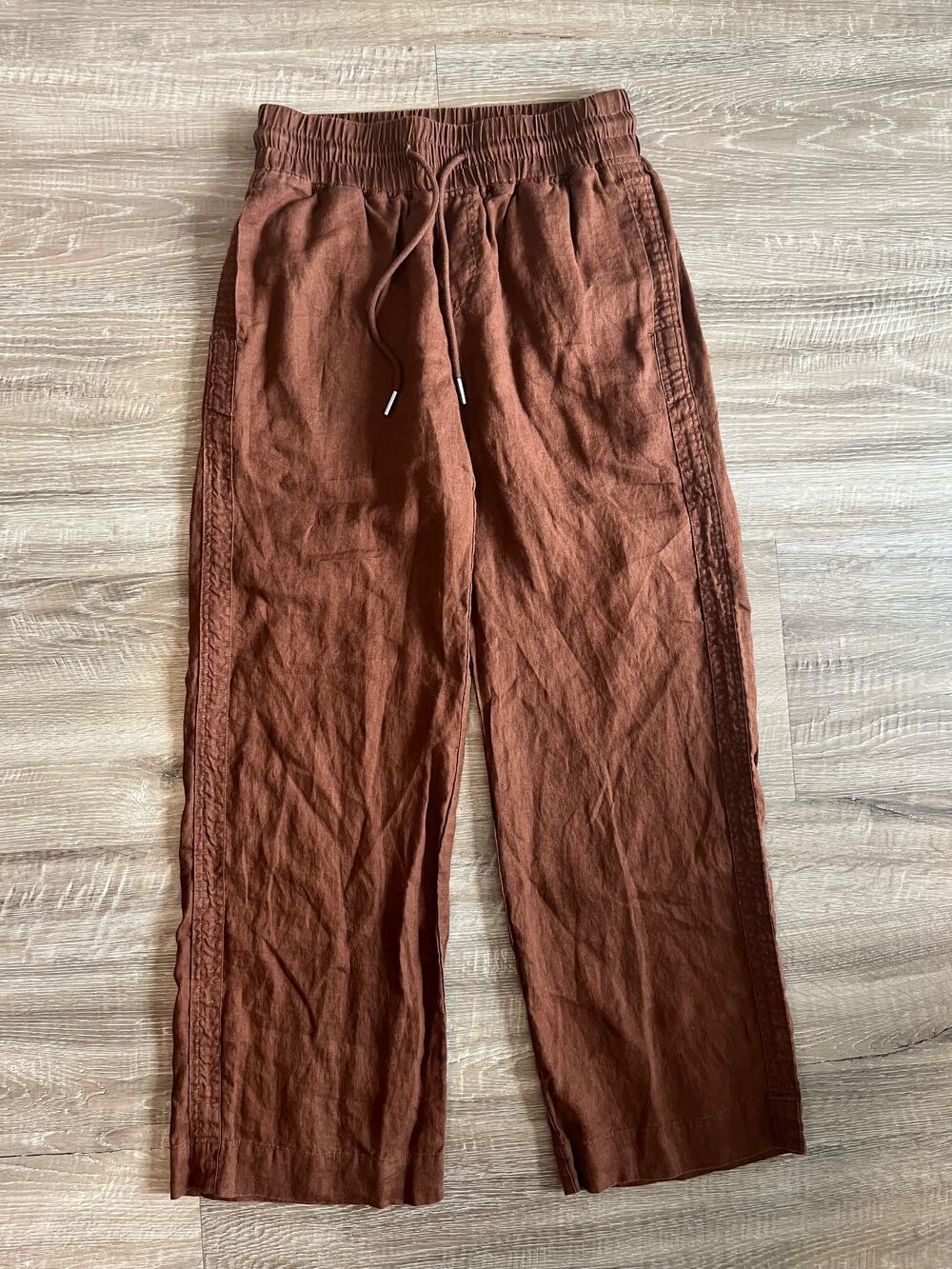 Quince Brown Linen Drawstring Pants Women’s Size S Elastic Waist Pockets